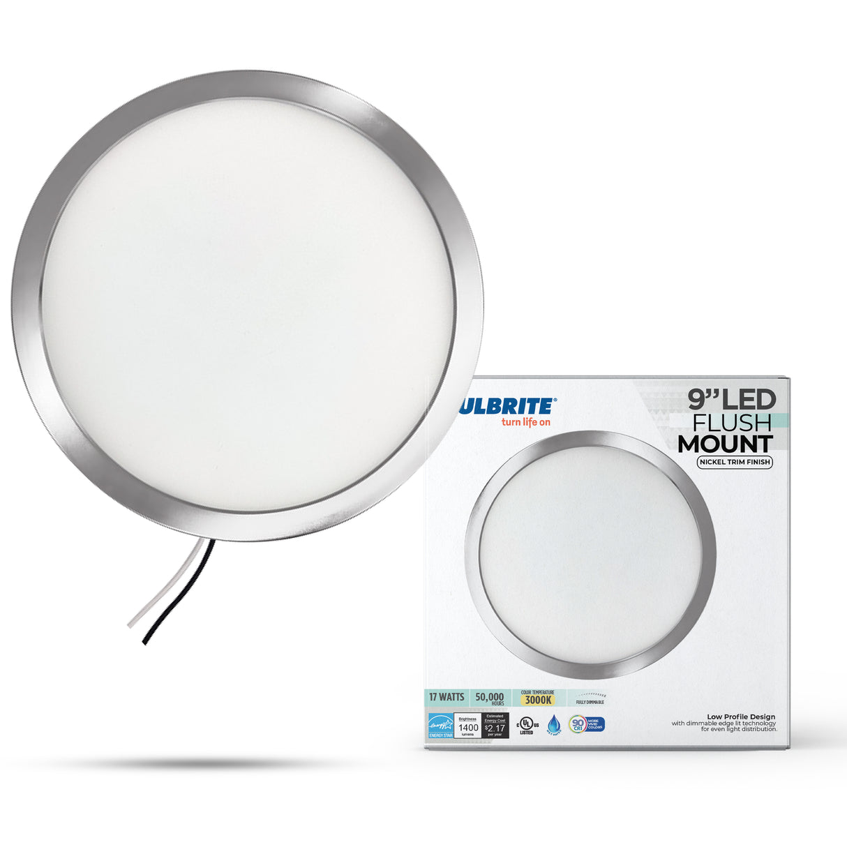 Bulbrite 773610 9" Round 17-Watt 3000K LED Flush Mount Light, 1400 Lumens, Nickel Finish