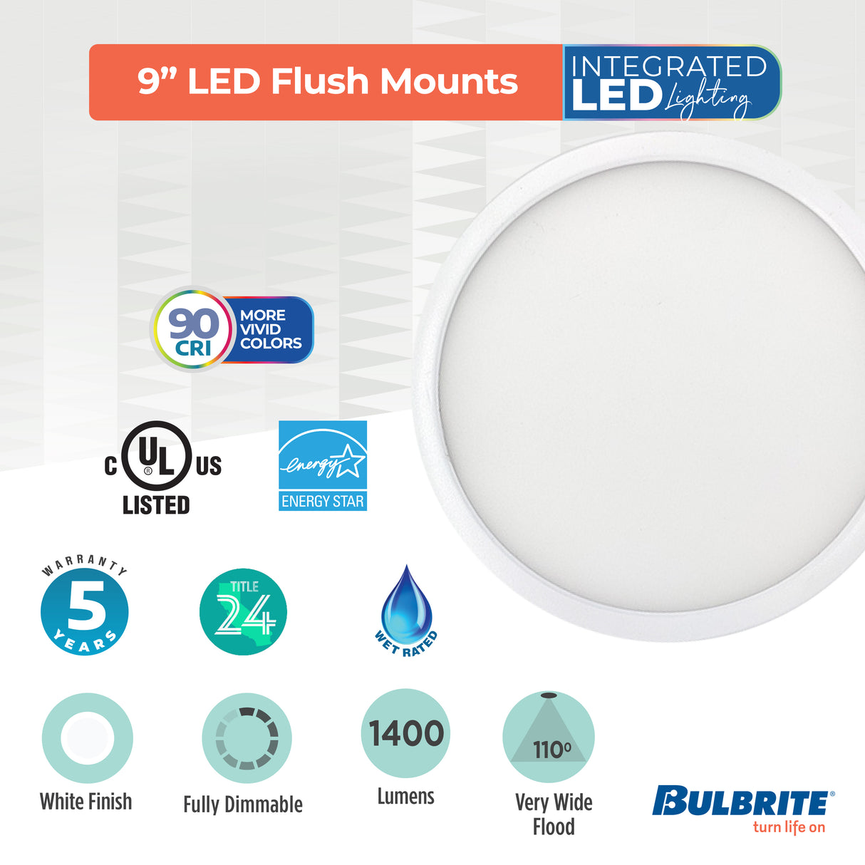 Bulbrite 773611 9" Round 17-Watt 5 Color Selectable LED Flush Mount Light, 1400 Lumens, White Finish