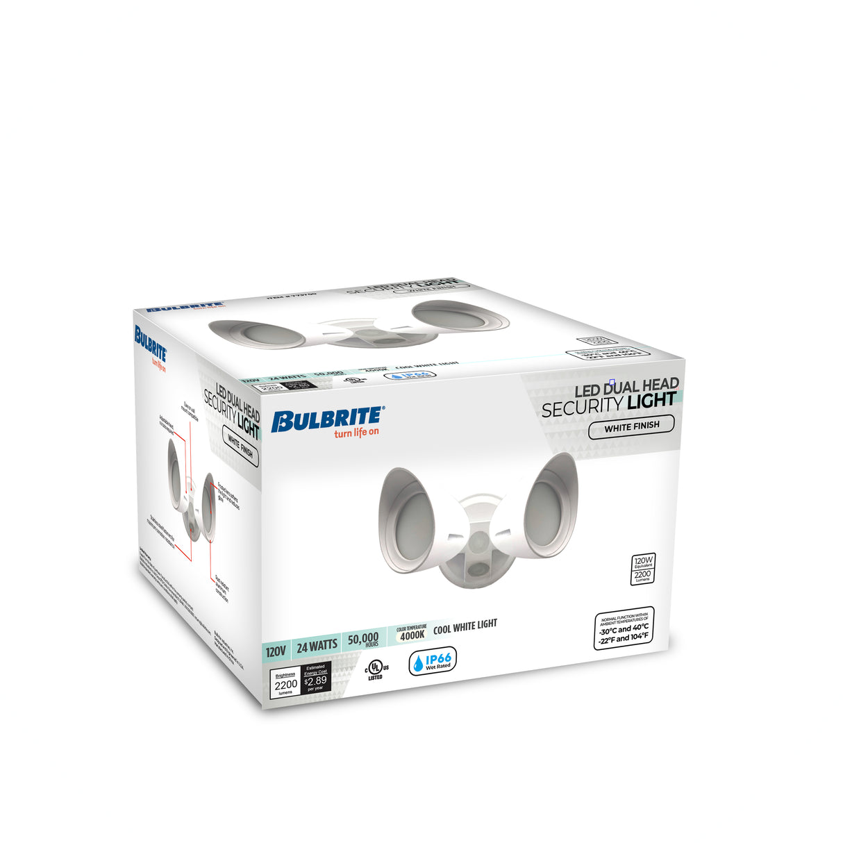 Bulbrite 773700 Wired Outdoor 2-Head LED Security Flood Light, White Finish