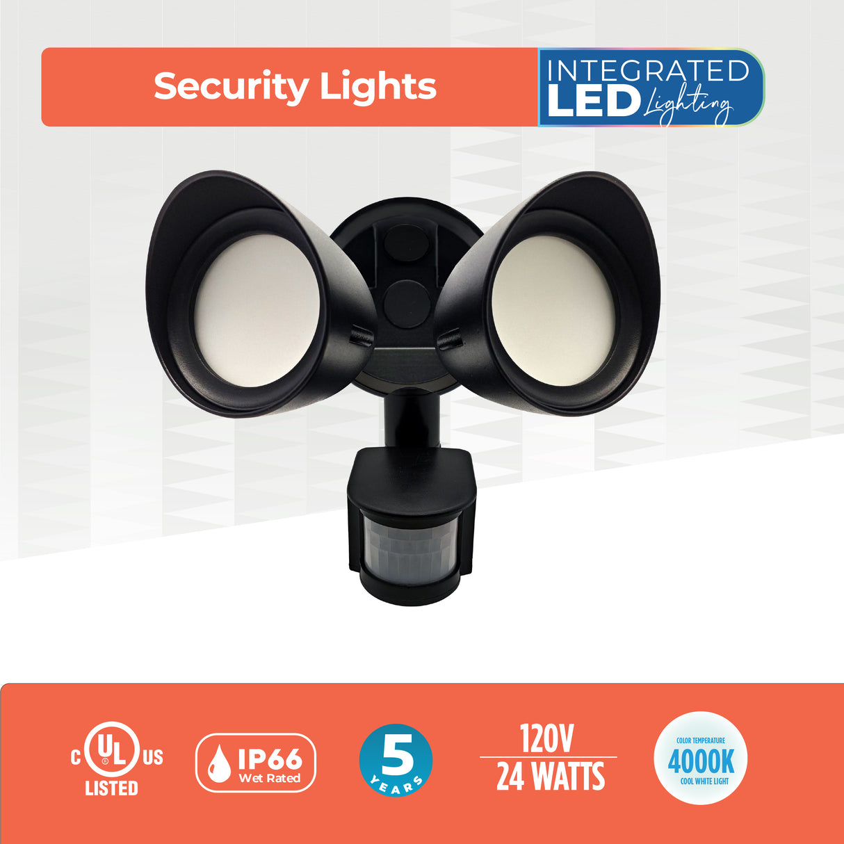 Bulbrite 773703 Motion Sensor / Dusk-To-Dawn Wired Outdoor 2-Head LED Security Flood Light, Black Finish