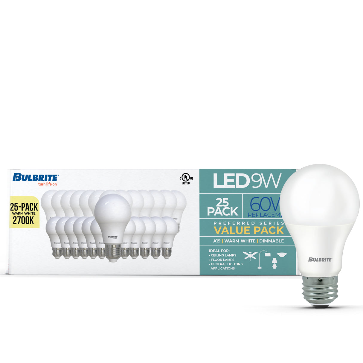 Bulbrite 774257 LED Filament Pack of 25, 9 Watt Dimmable A19 Light Bulb with Frost Finish and Medium Screw E26 Base - 2700K (Warm White Light) 800 lumens