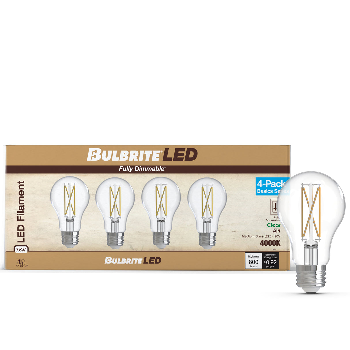 Bulbrite 776228 Bulbrite LED Filament Pack of 4, 7.6 Watt Dimmable A19 Light Bulb with Clear Finish and Medium Screw E26 Base - 4000K(Cool White Light), 800 lumens