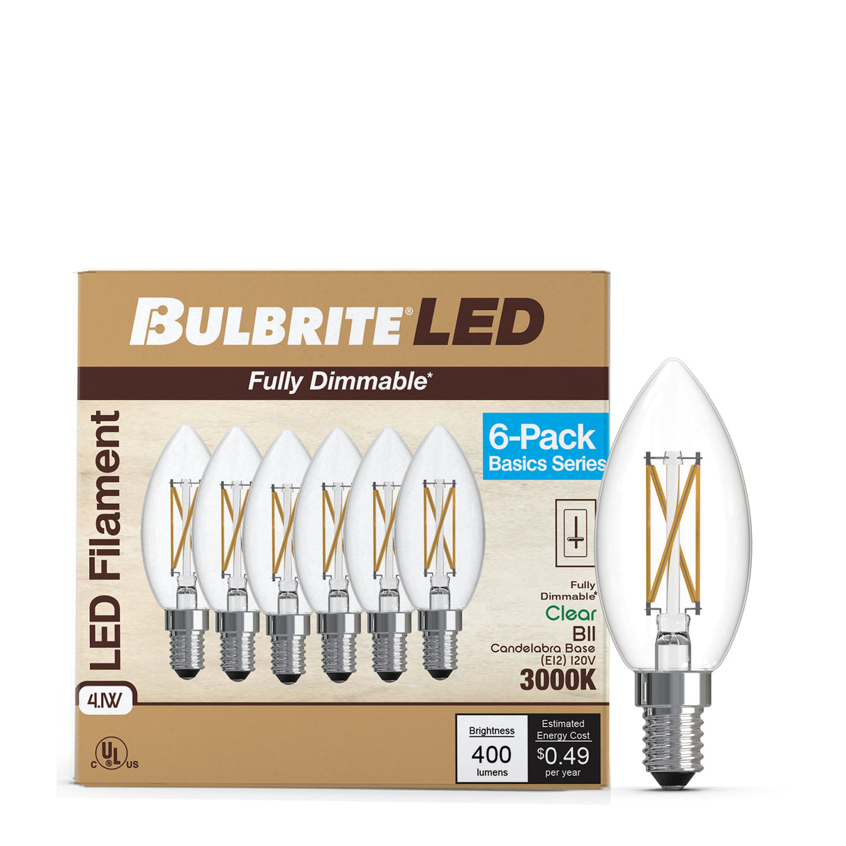 Bulbrite 776230 LED Filament Pack of 6, 4.1 Watt Dimmable B11 Light Bulb with Clear Finish and Candelabra Screw E12 Base - 3000K (Soft White Light) 400 lumens