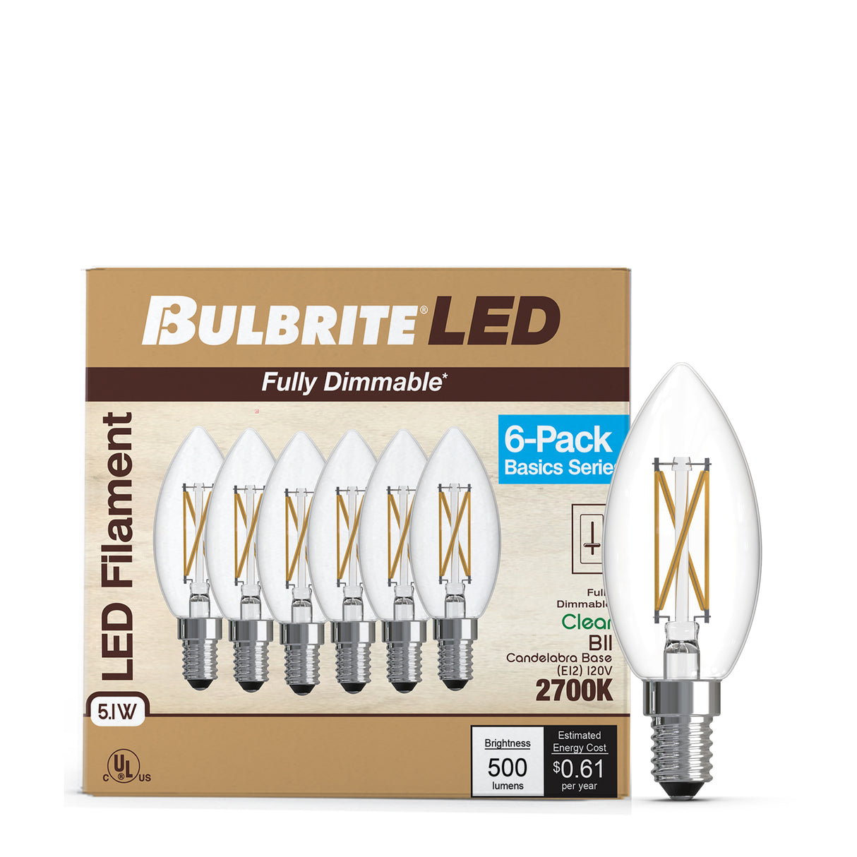 Bulbrite 776232 LED Filament Pack of 6, 5.1 Watt Dimmable B11 Light Bulb with Clear Finish and Candelabra Screw E12 Base - 2700K (Warm White Light) 500 lumens