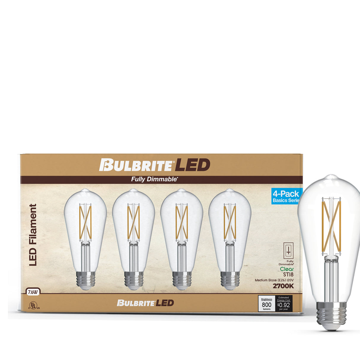 Bulbrite 776242 LED Filament Pack of 4, 7.6 Watt Dimmable ST18 Light Bulb with Clear Finish and Medium Screw E26 Base - 2700K (Warm White Light) 800 lumens