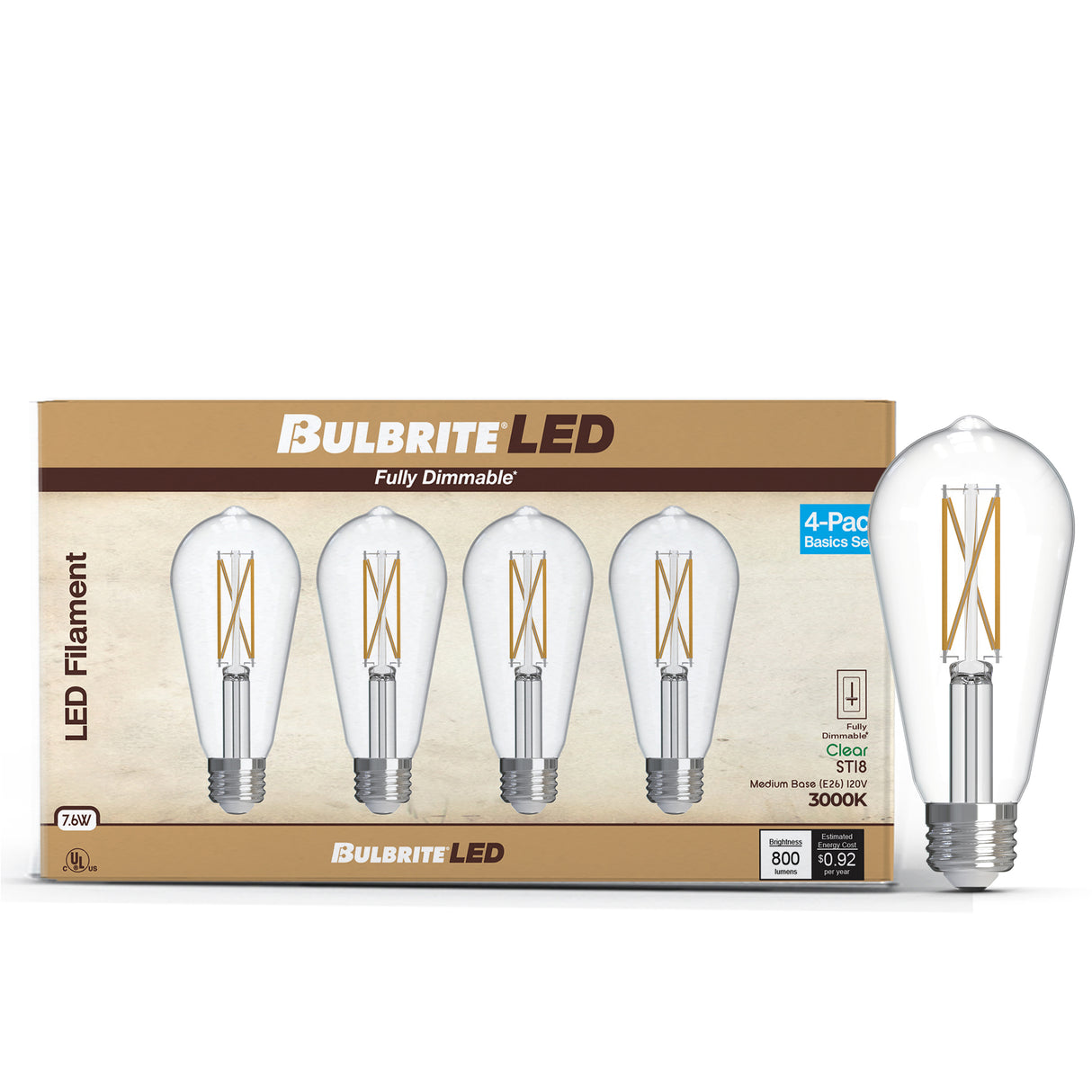 Bulbrite 776243 LED Filament Pack of 4, 7.6 Watt Dimmable ST18 Light Bulb with Clear Finish and Medium Screw E26 Base - 3000K (Soft White Light) 800 lumens