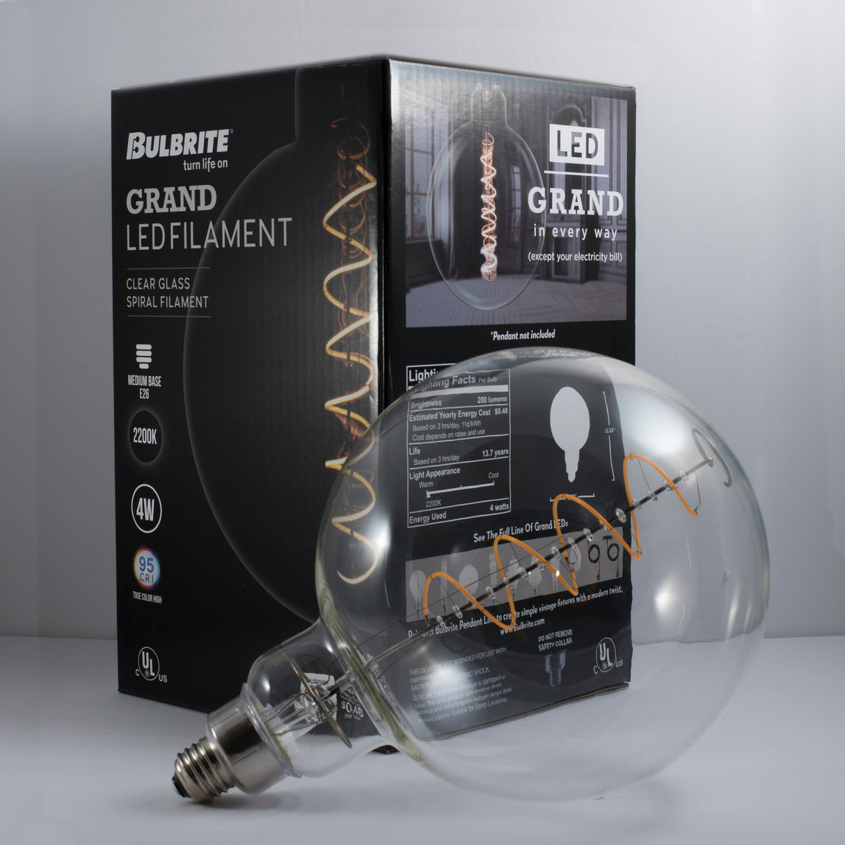 Bulbrite 776302 Bulbrite LED Grand Spiral Filament G63 Globe Shaped Light Bulb, 60 Watt Equivalent, Medium Base (E26),2200K, Clear