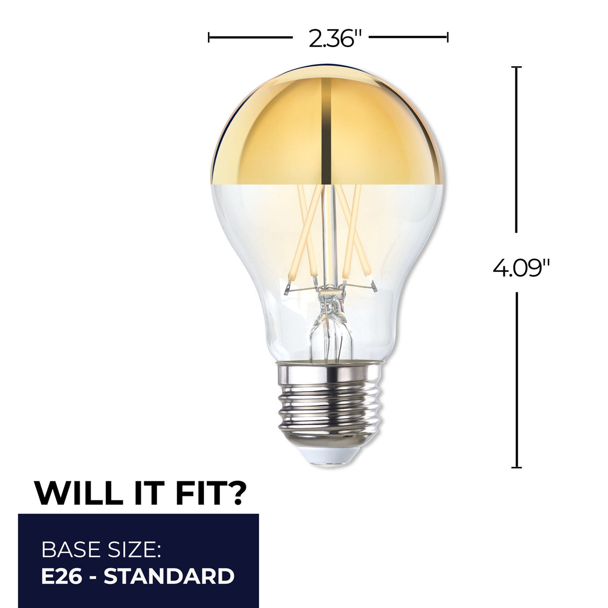Bulbrite 862840 Bulbrite LED Filament Pack of (4) 5 Watt Dimmable A19 Light Bulb with Half Gold Glass Finish and Medium (E26) Base - 2700K (Warm White Light), 400 Lumens