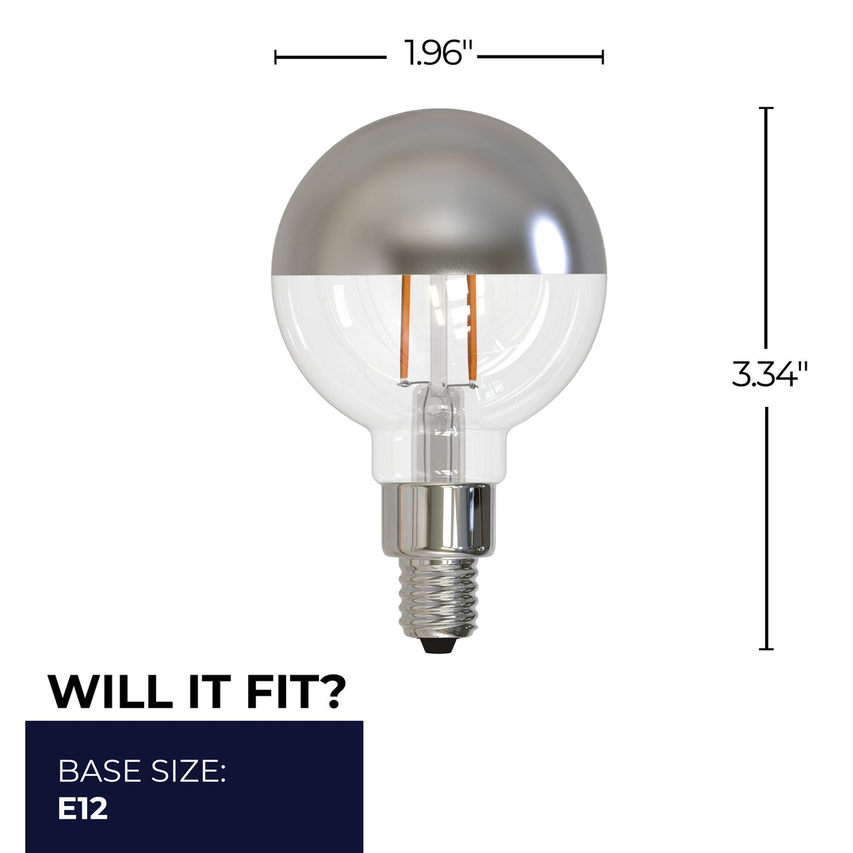Bulbrite 862696 Bulbrite LED Filament Pack of (4) 2.5 Watt Dimmable G16 Light Bulb with a Half Mirror Finish and Candelabra Screw (E12) Base - 2700K (Warm White Light), 200 Lumens