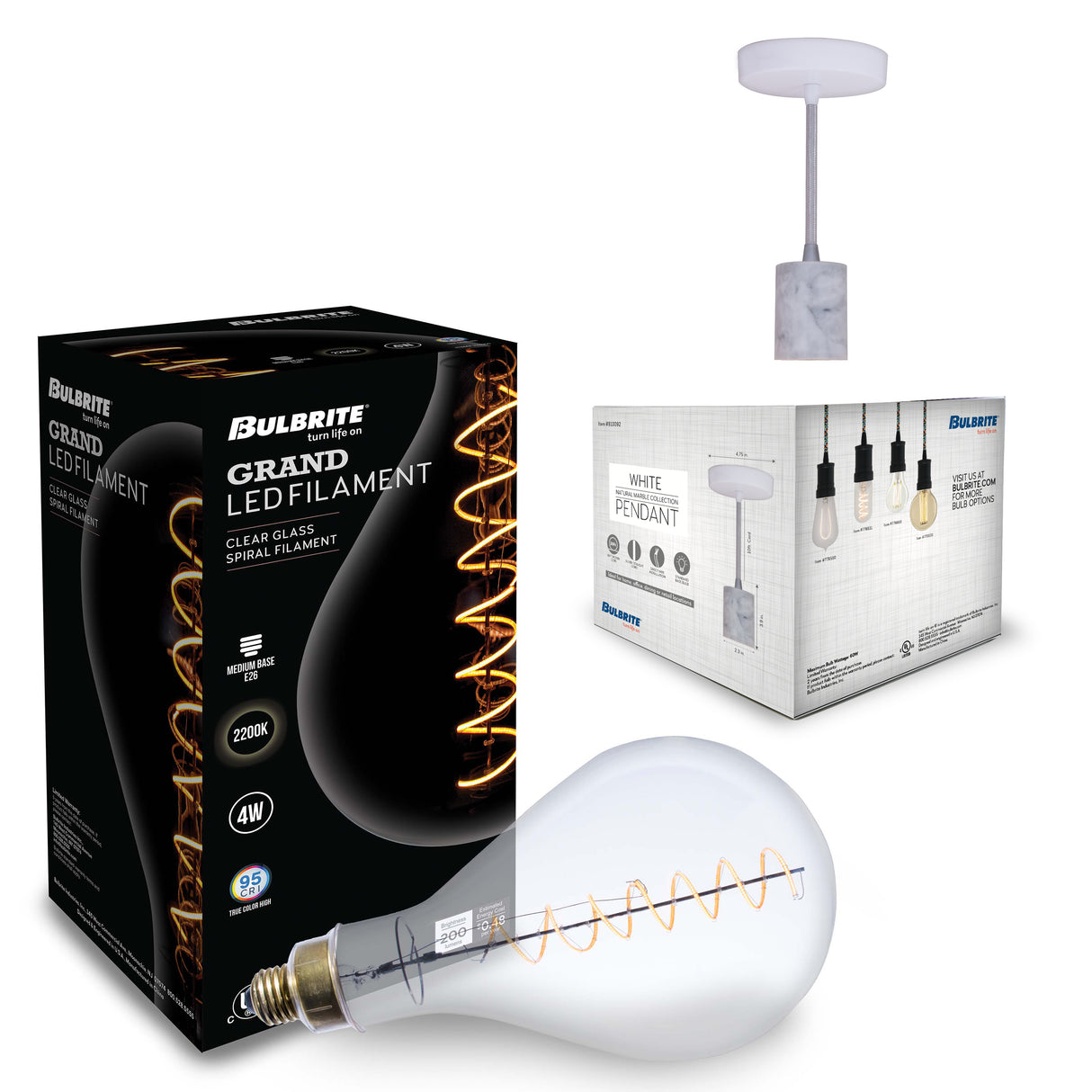 Bulbrite 810174 4W LED PEAR SHAPED GRAND 2200K FILAMENT W/ WHITE MARBLE PENDANT WITH WHITE STRING