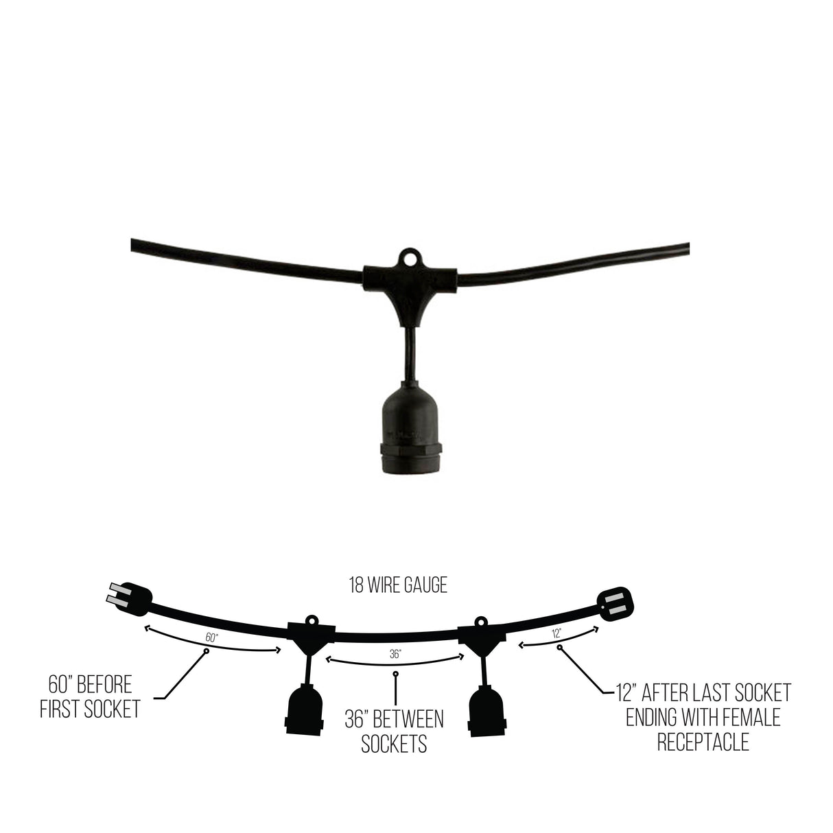 Bulbrite 812480 48' STRING LIGHT 15 SOCKETS 36" SPACING E26 BLACK - NO BULBS