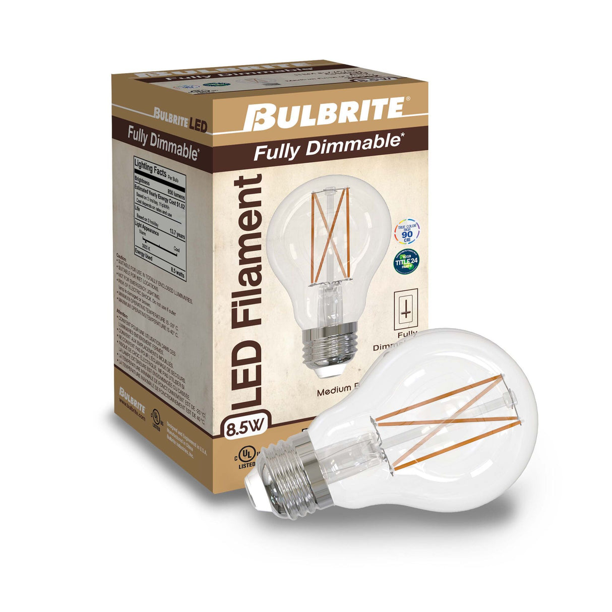 Bulbrite 861423 Bulbrite Pack of (2) 8.5 Watt Dimmable Clear Filament A19 Medium (E26) LED Light Bulb - 800 Lumens, 3000K, and 90 CRI
