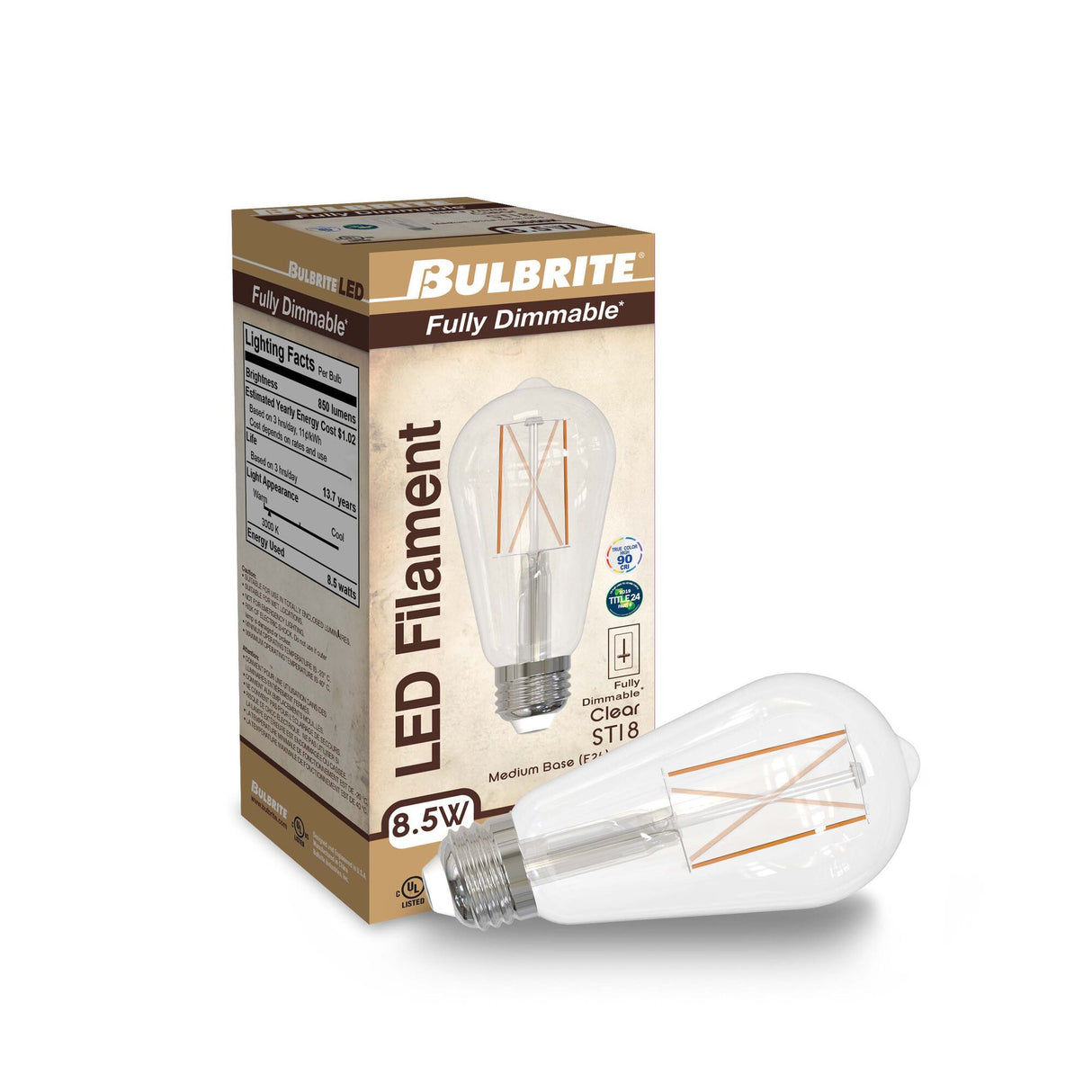 Bulbrite 861424 Bulbrite Pack of (2) 8.5 Watt Dimmable Clear Filament ST18 Medium (E26) LED Bulb - 850 Lumens, 3000K, and 90 CRI