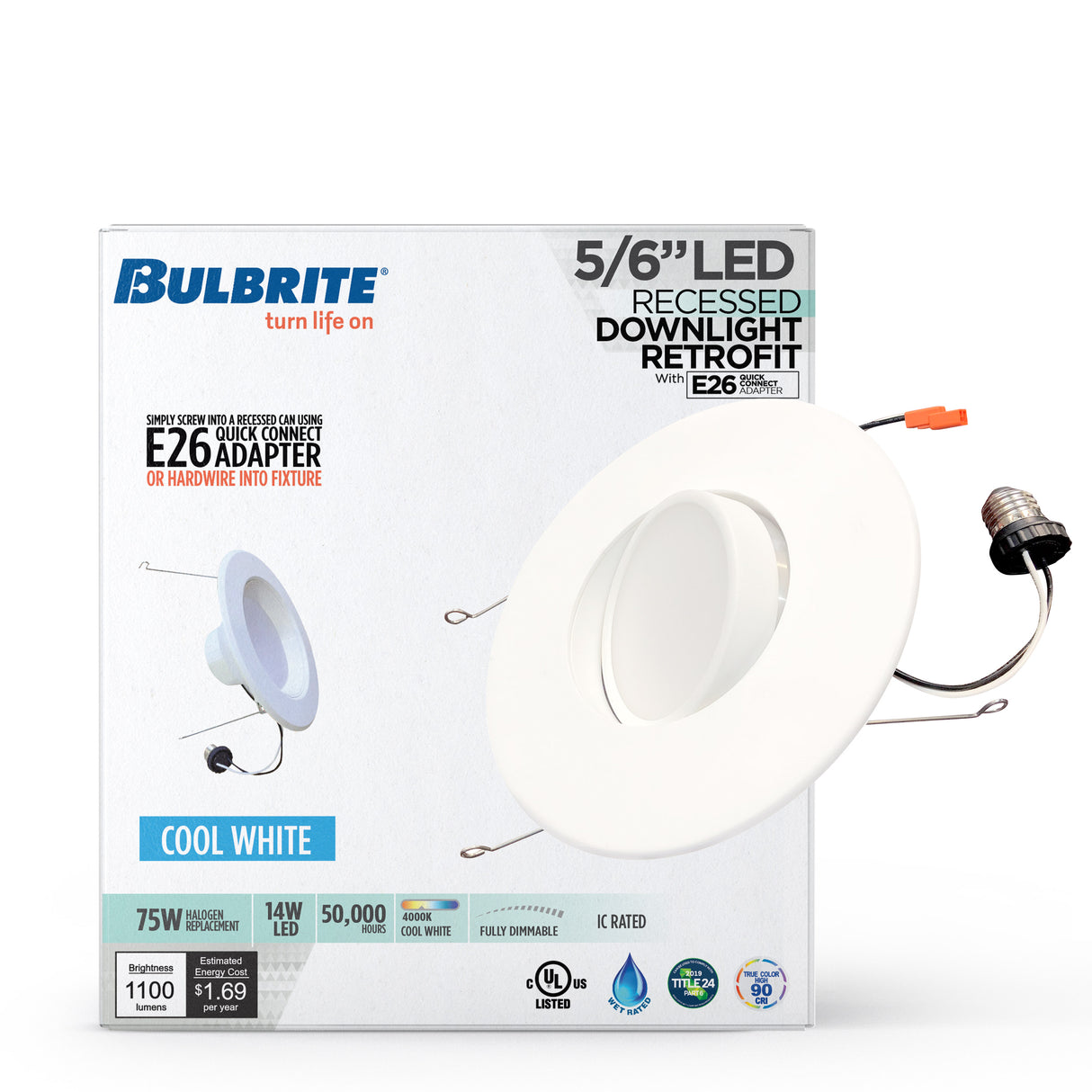 Bulbrite 861492 Bulbrite Pack of (4) 14 Watt Adjustable 5/6"Integrated LED Recessed Downlight with E26 Quick Connect Adaptor, 4000K Cool White Light, 1100 Lumens
