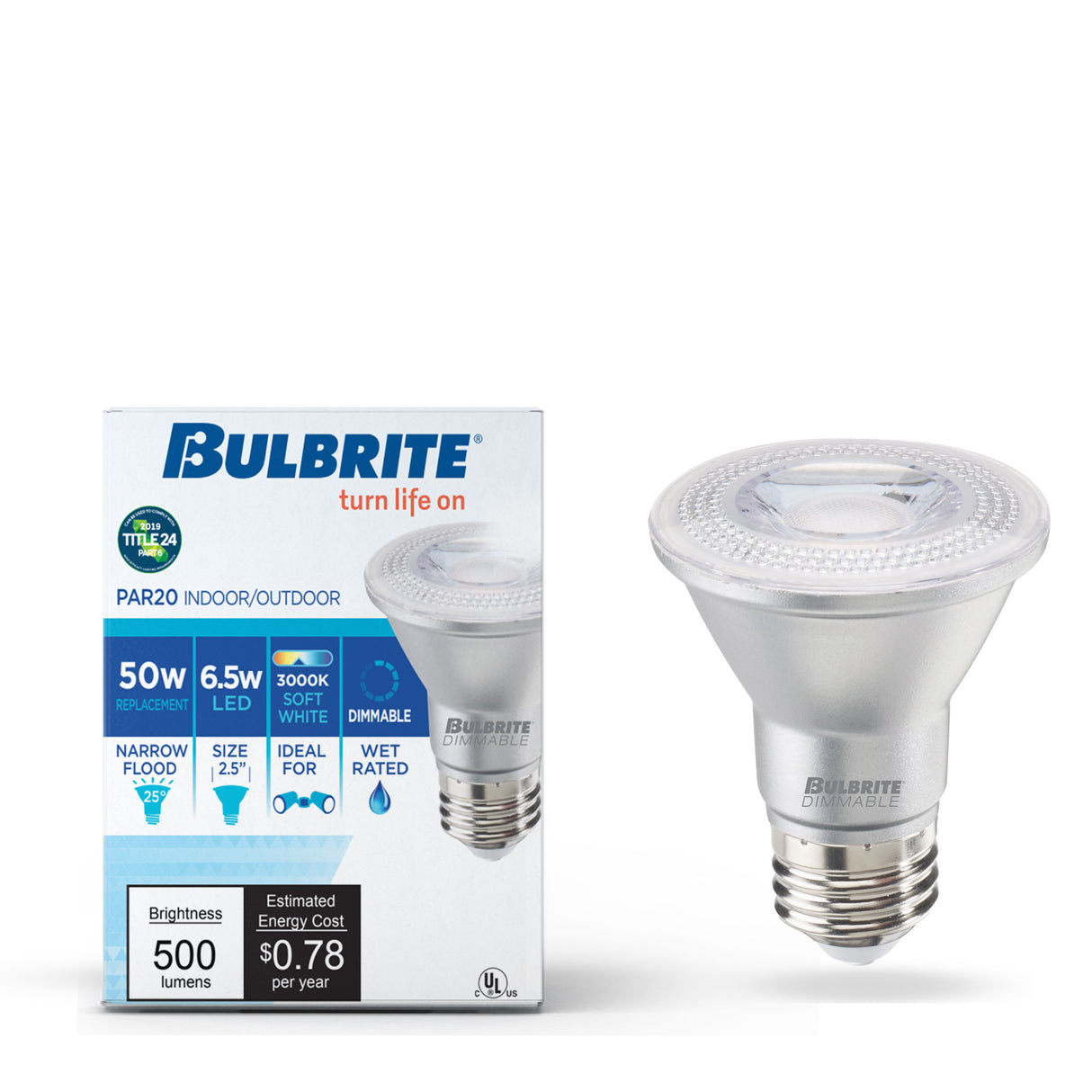 Bulbrite 861759 6.5W LED PAR20 Light Bulb 3000K Dimmable E26 500 Lumens 120V 6PK