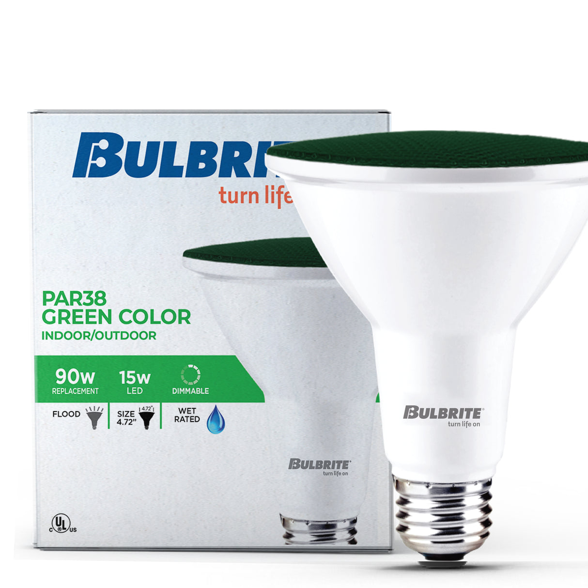 Bulbrite 861909 90-Watt Equivalent, Green Color PAR38 Weatherproof Outdoor E26 Medium Base Flood LED Light Bulb