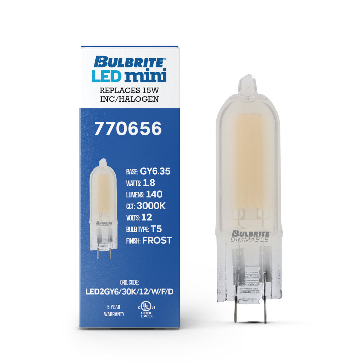 Bulbrite 862044 Bulbrite LED Filament Pack of (4) 1.8 Watt Dimmable T5 Light Bulb with Frost Glass Finish and (GY6.35) Base - 3000K (Soft White Light), 140 Lumens