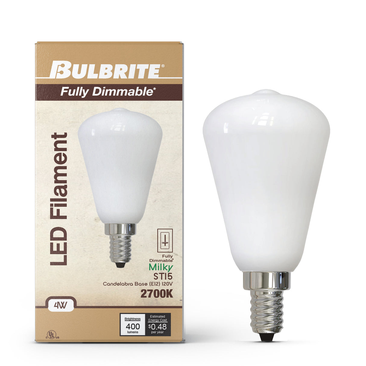 Bulbrite 862051 Bulbrite LED Filament Pack of (4) 4 Watt Dimmable ST15 Light Bulb with Milky Glass Finish and Candelabra (E12) Base - 2700K (Warm White Light), 400 Lumens