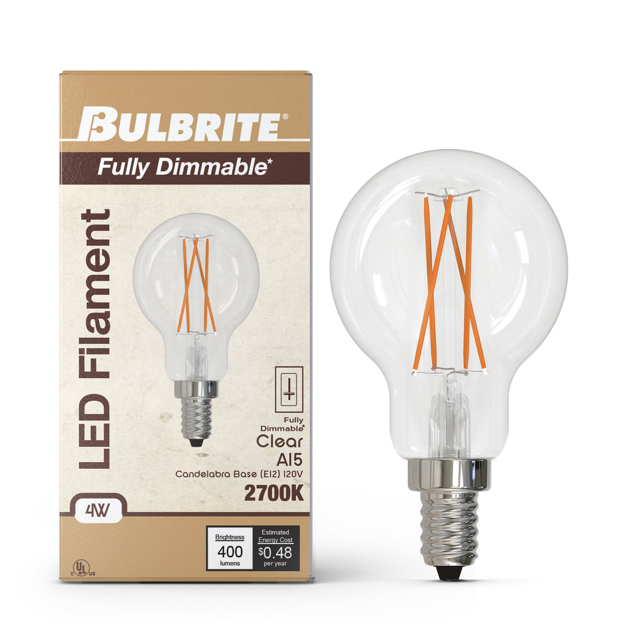 Bulbrite 862054 Bulbrite LED Filament Pack of (4) 4 Watt Dimmable A15 Light Bulb with Clear Glass Finish and Candelabra (E12) Base - 3000K (Soft White Light), 400 Lumens