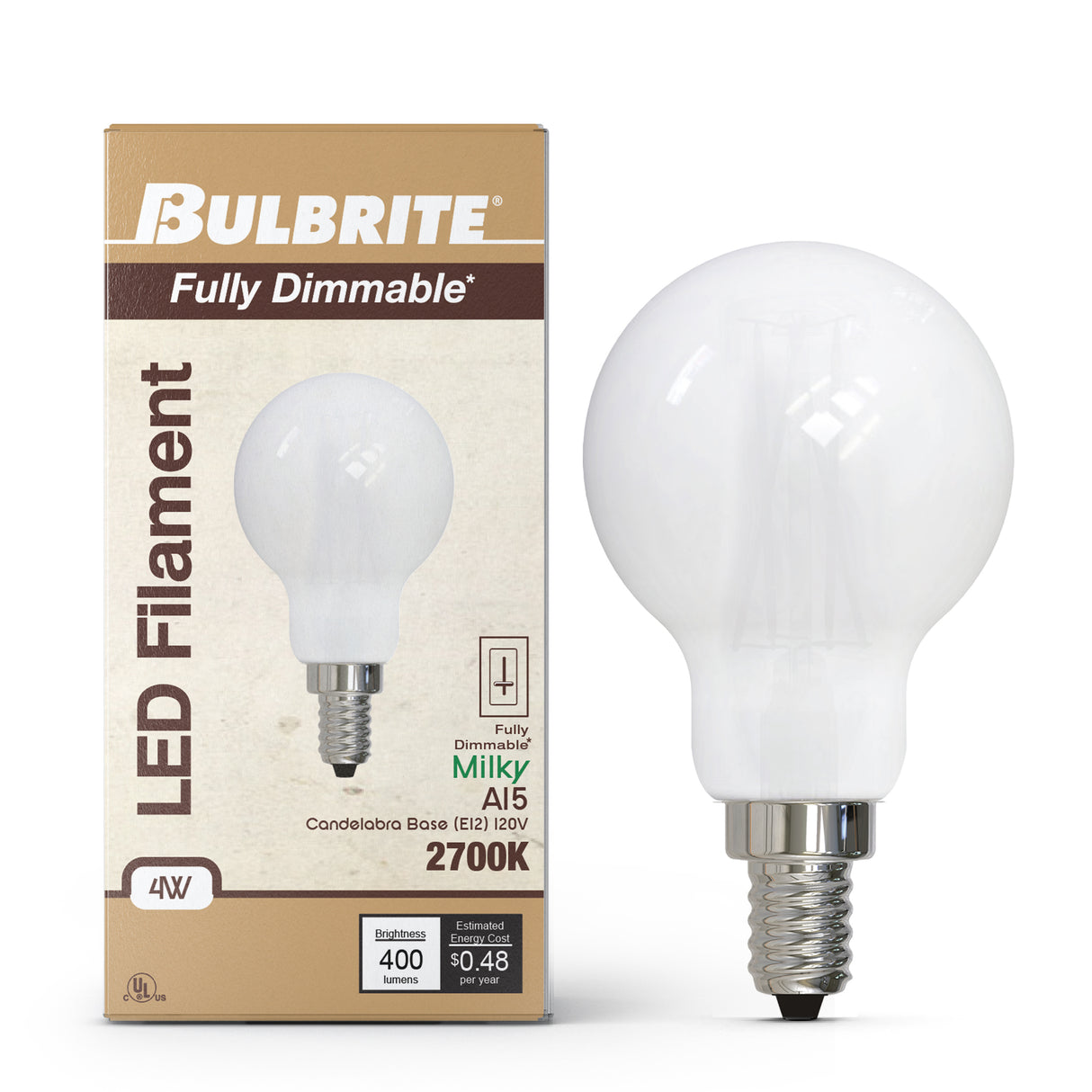 Bulbrite 862056 Bulbrite LED Filament Pack of (4) 4 Watt Dimmable A15 Light Bulb with Milky Glass Finish and Candelabra (E12) Base - 3000K (Soft White Light), 400 Lumens