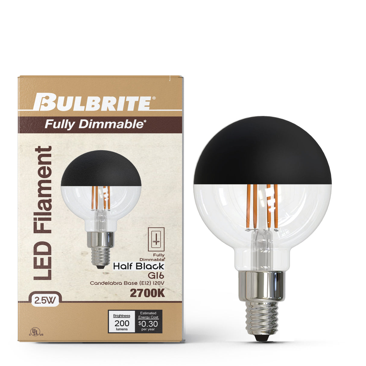 Bulbrite 862062 2.5W LED G16 Light Bulb 2700K Dimmable E12 200 Lumens 120V 4PK
