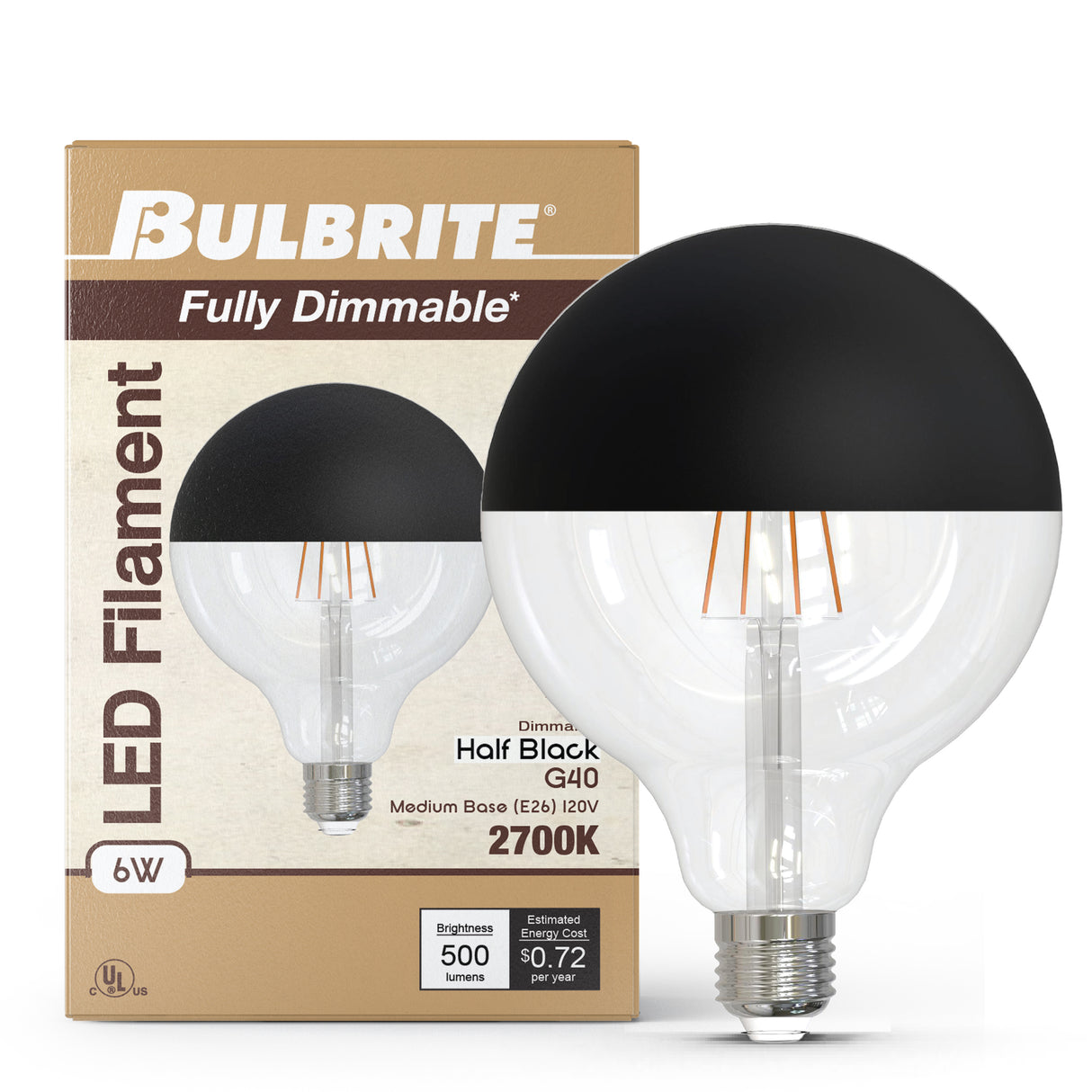 Bulbrite 862064 6W LED G40 Light Bulb 2700K Dimmable E26 500 Lumens 120V 2PK