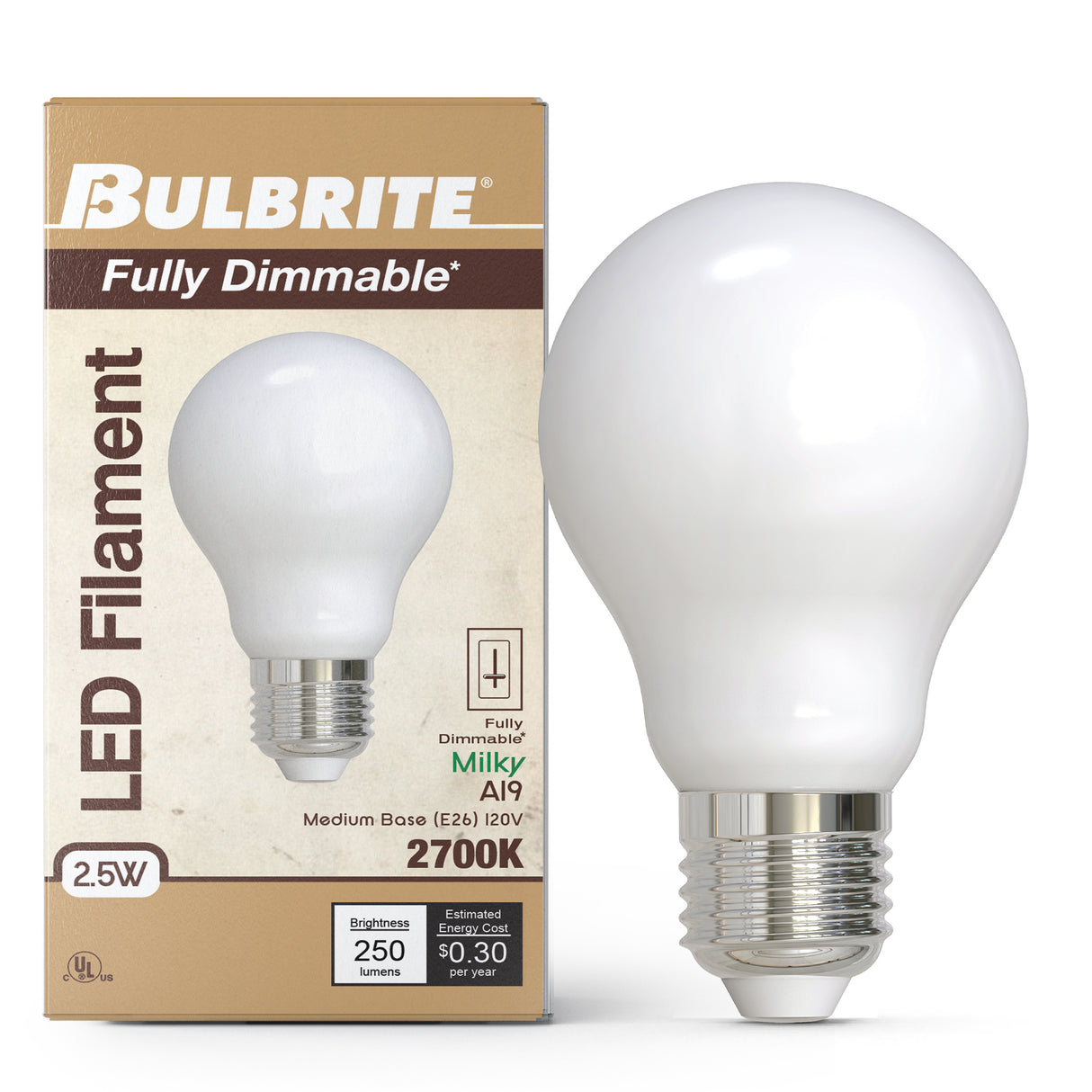 Bulbrite 862069 Bulbrite LED Filament Pack of (4) 2.5 Watt Dimmable A19 Light Bulb with Milky Glass Finish and Medium (E26) Base - 2700K (Warm White Light), 250 Lumens