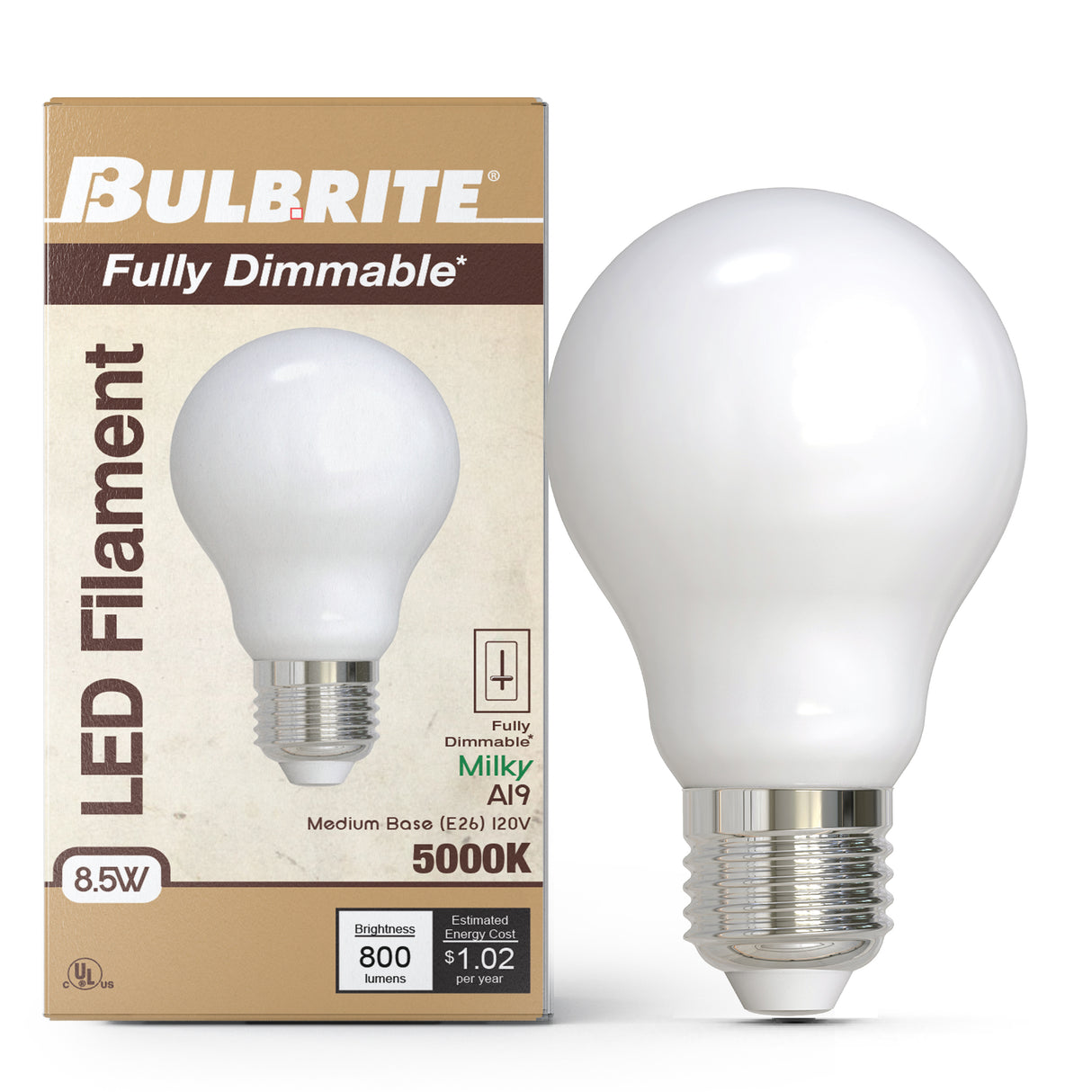 Bulbrite 862072 Bulbrite LED Filament Pack of (4) 8.5 Watt Dimmable A19 Light Bulb with Milky Glass Finish and Medium (E26) Base - 5000K (Soft Daylight Light), 800 Lumens