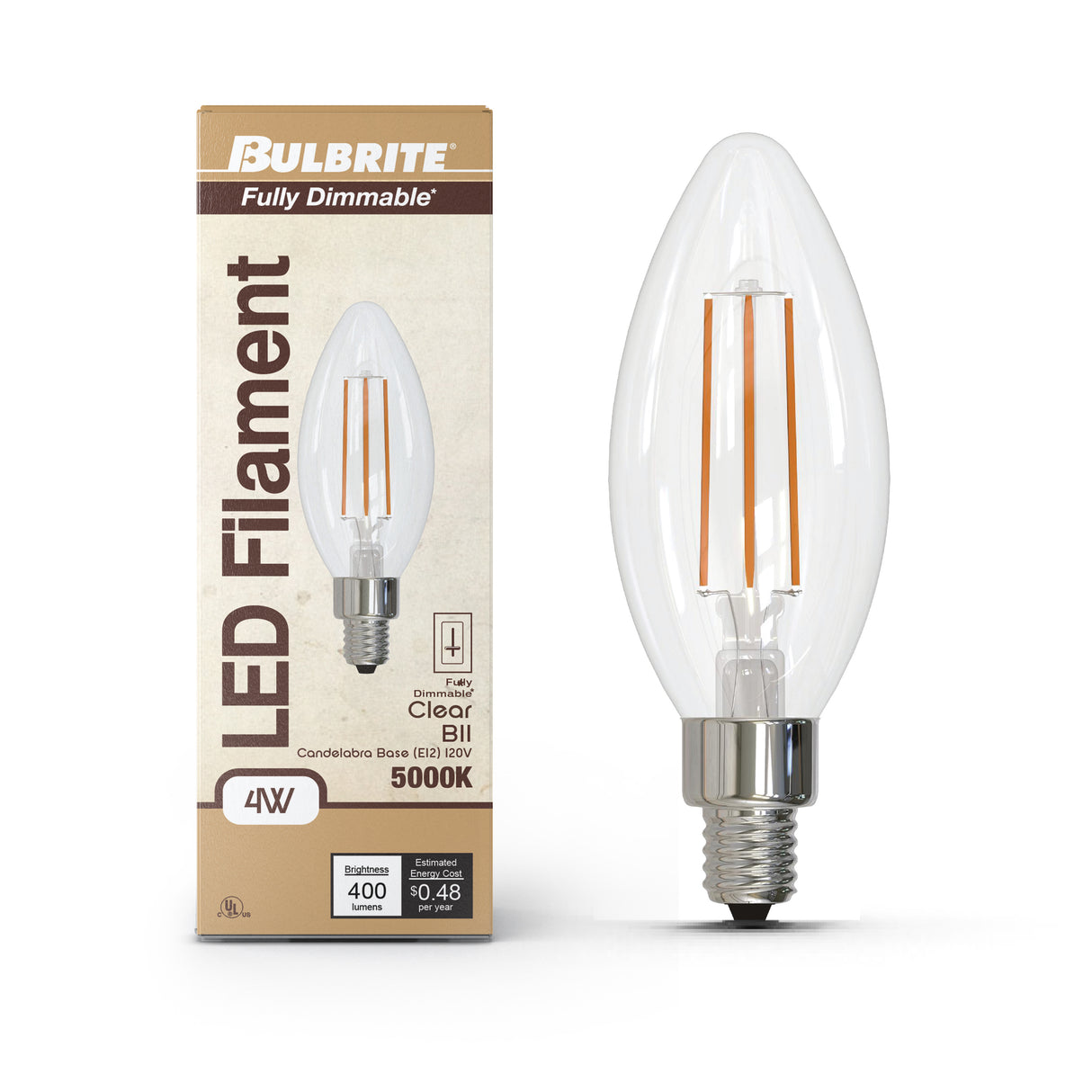 Bulbrite 862075 Bulbrite LED Filament Pack of (4) 4 Watt Dimmable B11 Light Bulb with Clear Glass Finish and Candelabra (E12) Base - 5000K (Soft Daylight Light), 400 Lumens