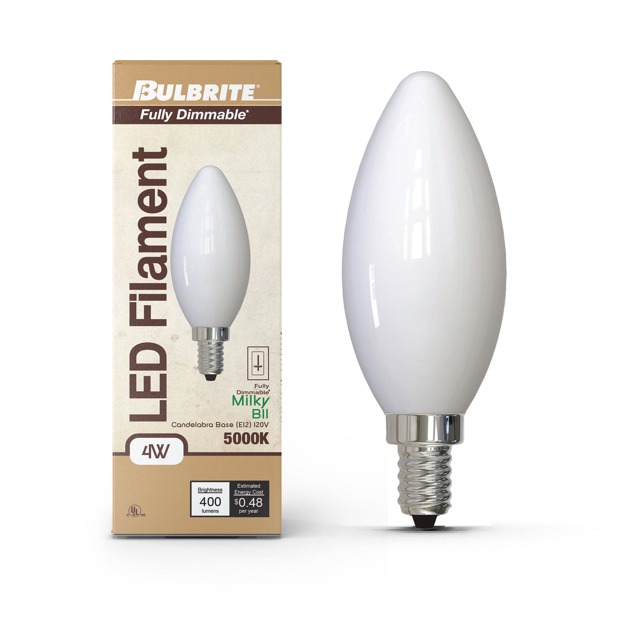 Bulbrite 862076 Bulbrite LED Filament Pack of (4) 4 Watt Dimmable B11 Light Bulb with Milky Glass Finish and Candelabra (E12) Base - 5000K (Soft Daylight Light), 400 Lumens