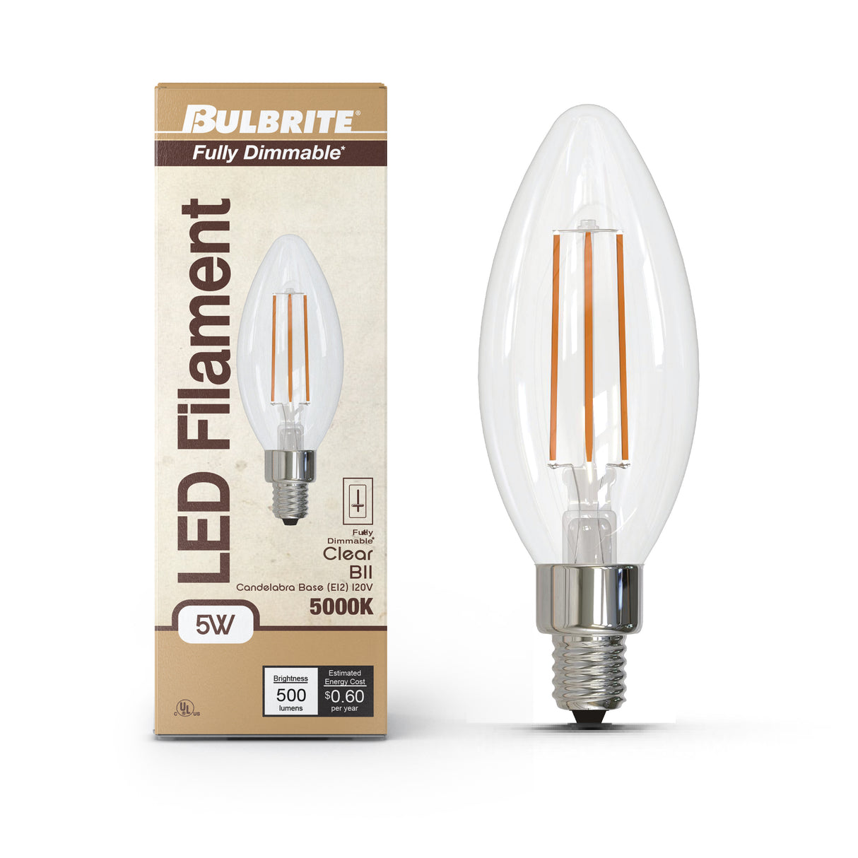 Bulbrite 862077 Bulbrite LED Filament Pack of (4) 5 Watt Dimmable B11 Light Bulb with Clear Glass Finish and Candelabra (E12) Base - 5000K (Soft Daylight Light), 500 Lumens