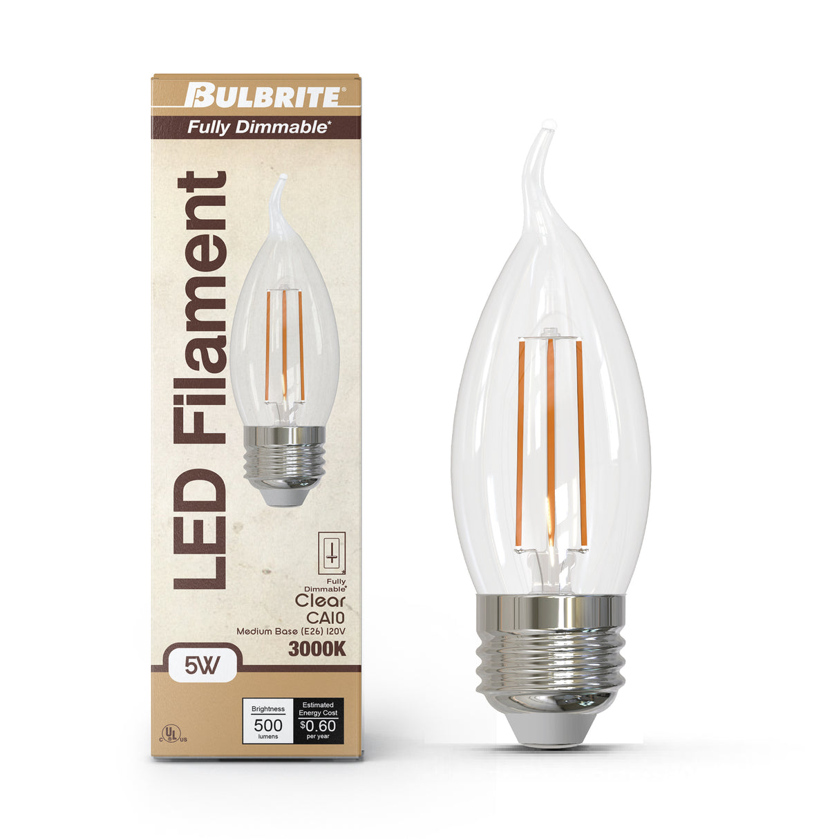 Bulbrite 862084 Bulbrite LED Filament Pack of (4) 5 Watt Dimmable CA10 Light Bulb with Clear Glass Finish and Medium (E26) Base - 3000K (Soft White Light), 500 Lumens