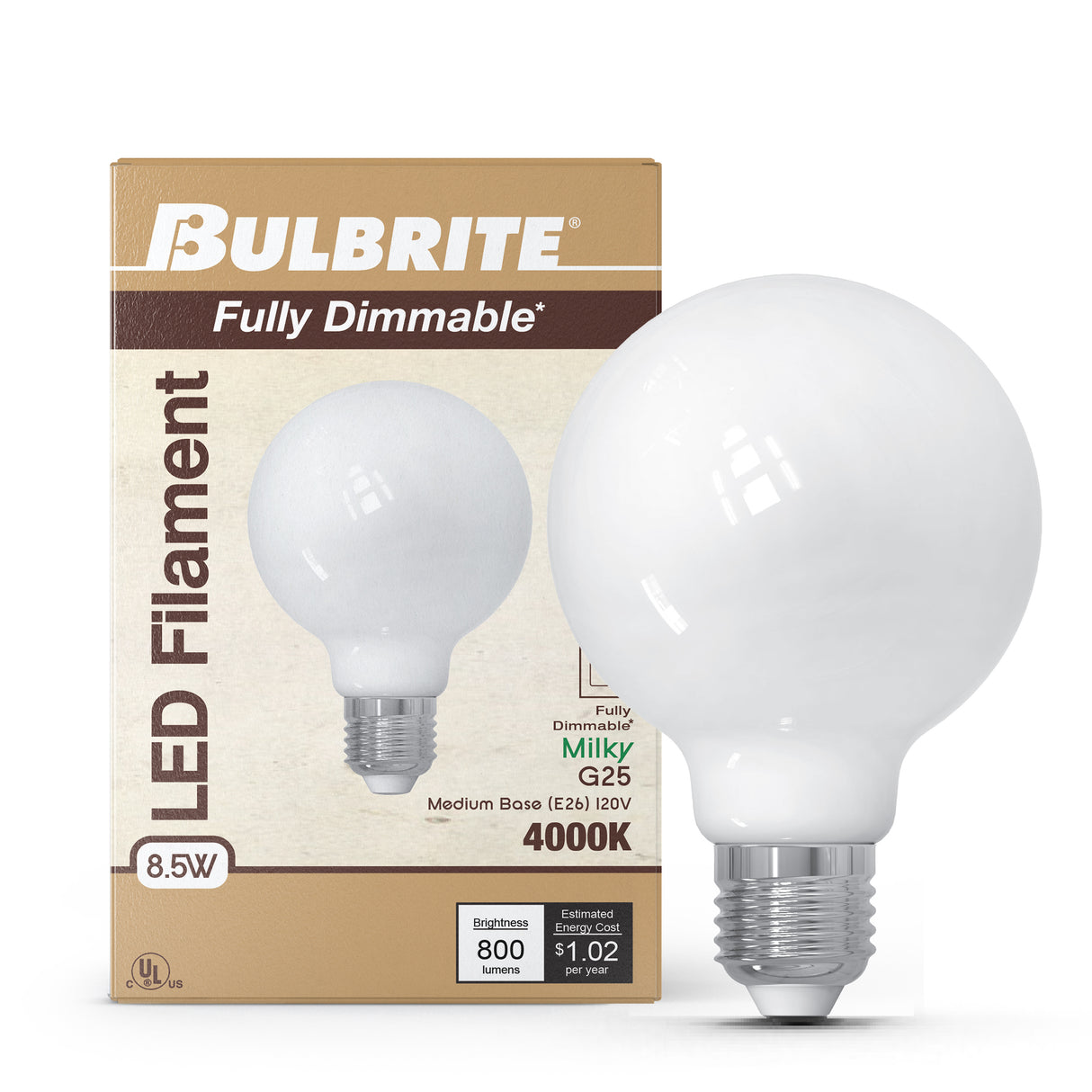 Bulbrite 862091 Bulbrite LED Filament Pack of (4) 8.5 Watt Dimmable G25 Light Bulb with Milky Glass Finish and Medium (E26) Base - 4000K (Cool White Light), 800 Lumens