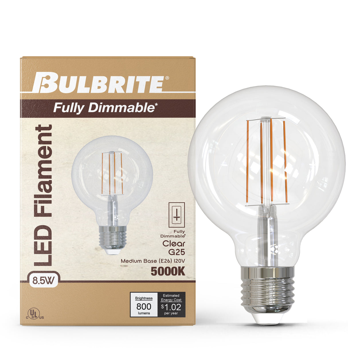 Bulbrite 862092 Bulbrite LED Filament Pack of (4) 8.5 Watt Dimmable G25 Light Bulb with Clear Glass Finish and Medium (E26) Base - 5000K (Soft Daylight Light), 800 Lumens