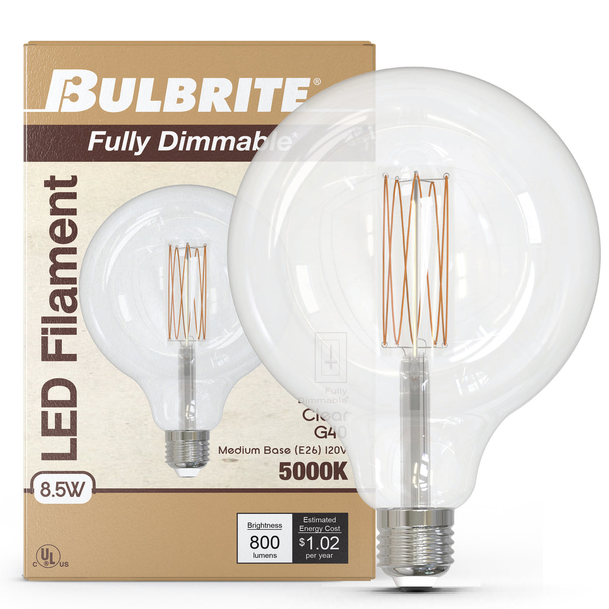 Bulbrite 862094 Bulbrite LED Filament Pack of (2) 8.5 Watt Dimmable G40 Light Bulb with Clear Glass Finish and Medium (E26) Base - 4000K (Cool White Light), 800 Lumens