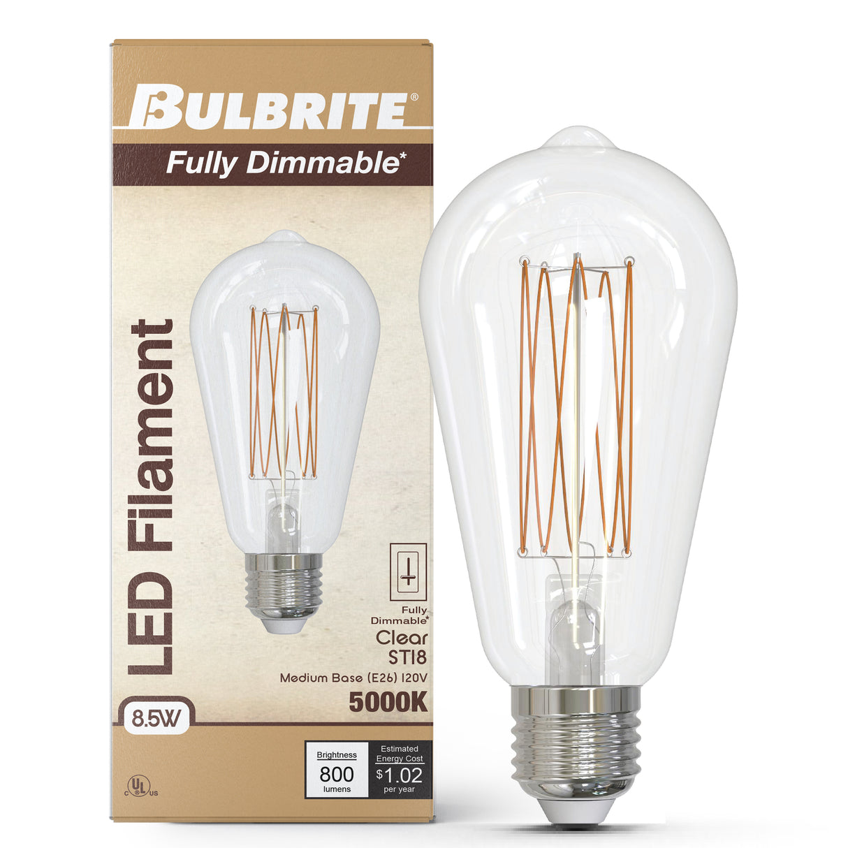 Bulbrite 862098 Bulbrite LED Filament Pack of (4) 8.5 Watt Dimmable ST18 Light Bulb with Clear Glass Finish and Medium (E26) Base - 5000K (Soft Daylight Light), 800 Lumens