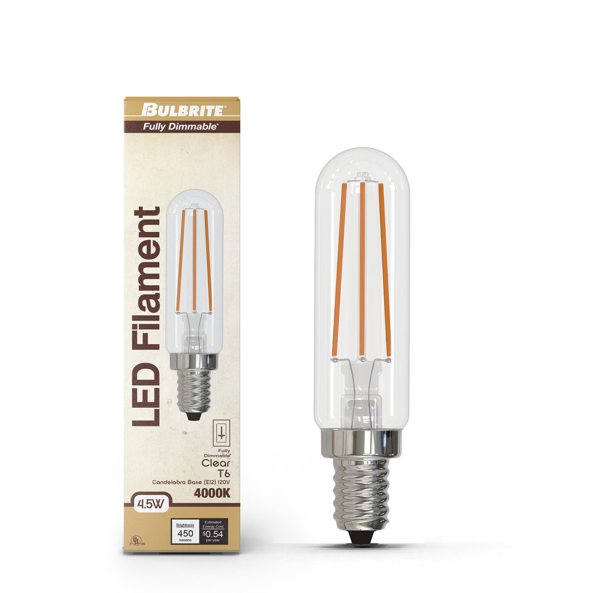 Bulbrite 862106 Bulbrite LED Filament Pack of (4) 4.5 Watt Dimmable T6 Light Bulb with Clear Glass Finish and Candelabra (E12) Base - 4000K (Cool White Light), 450 Lumens