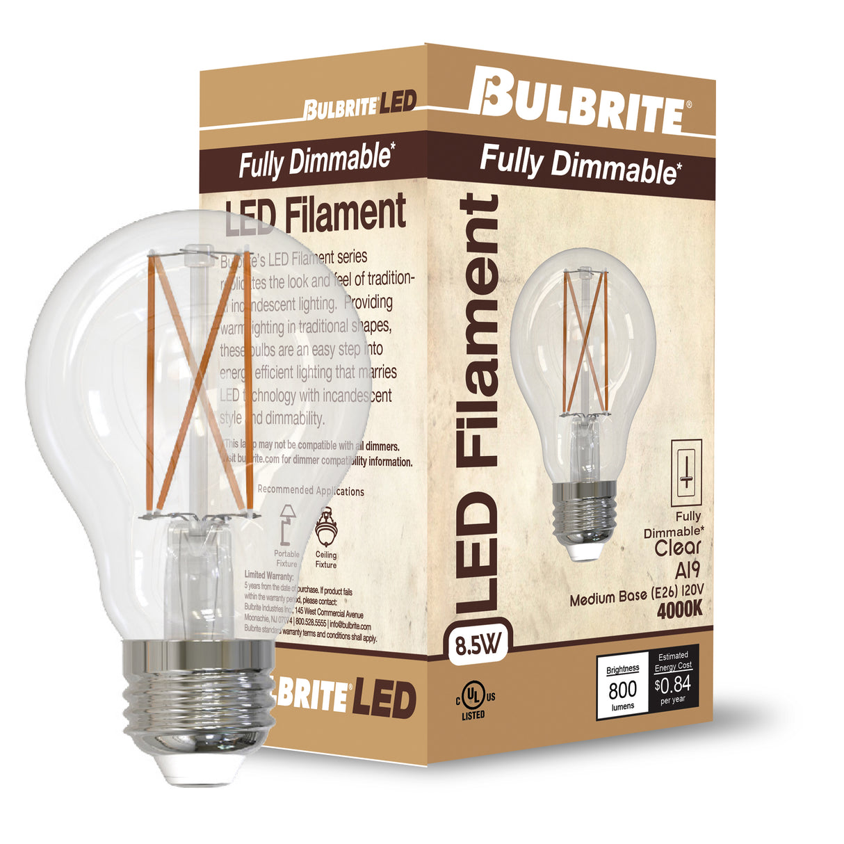 Bulbrite 862071 Bulbrite LED Filament Pack of (4) 8.5 Watt Dimmable A19 Light Bulb with Clear Glass Finish and Medium (E26) Base - 5000K (Soft Daylight Light), 800 Lumens