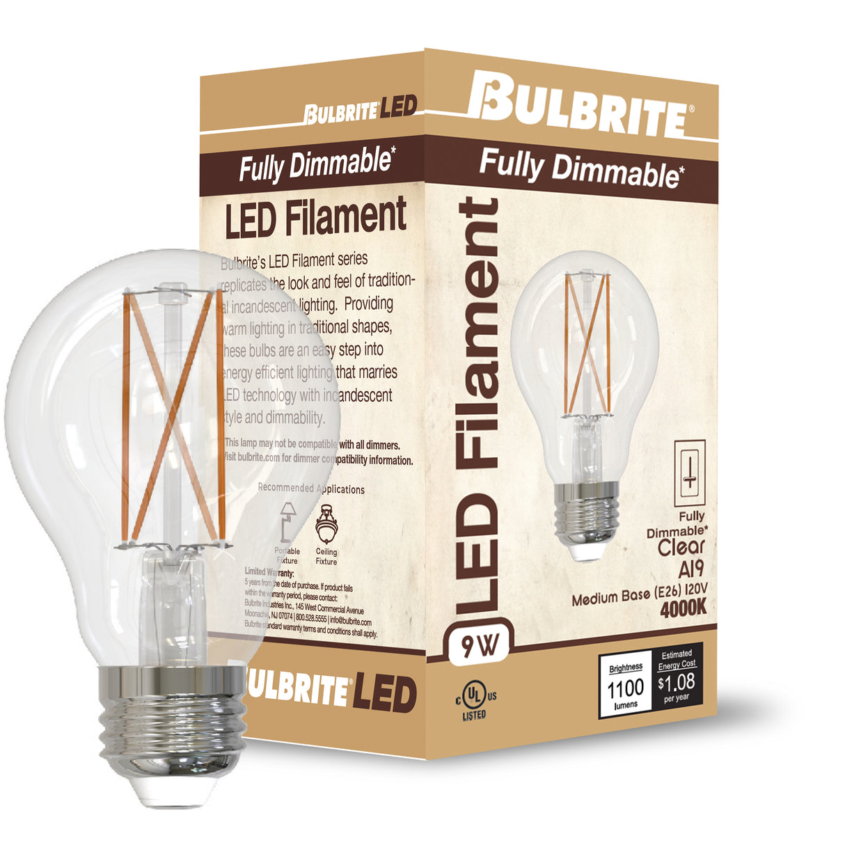 Bulbrite 862302 Bulbrite LED Filament Pack of (4) 9 Watt Dimmable A19 Light Bulb with Clear Glass Finish and Medium (E26) Base - 4000K (Cool White Light), 1100 Lumens