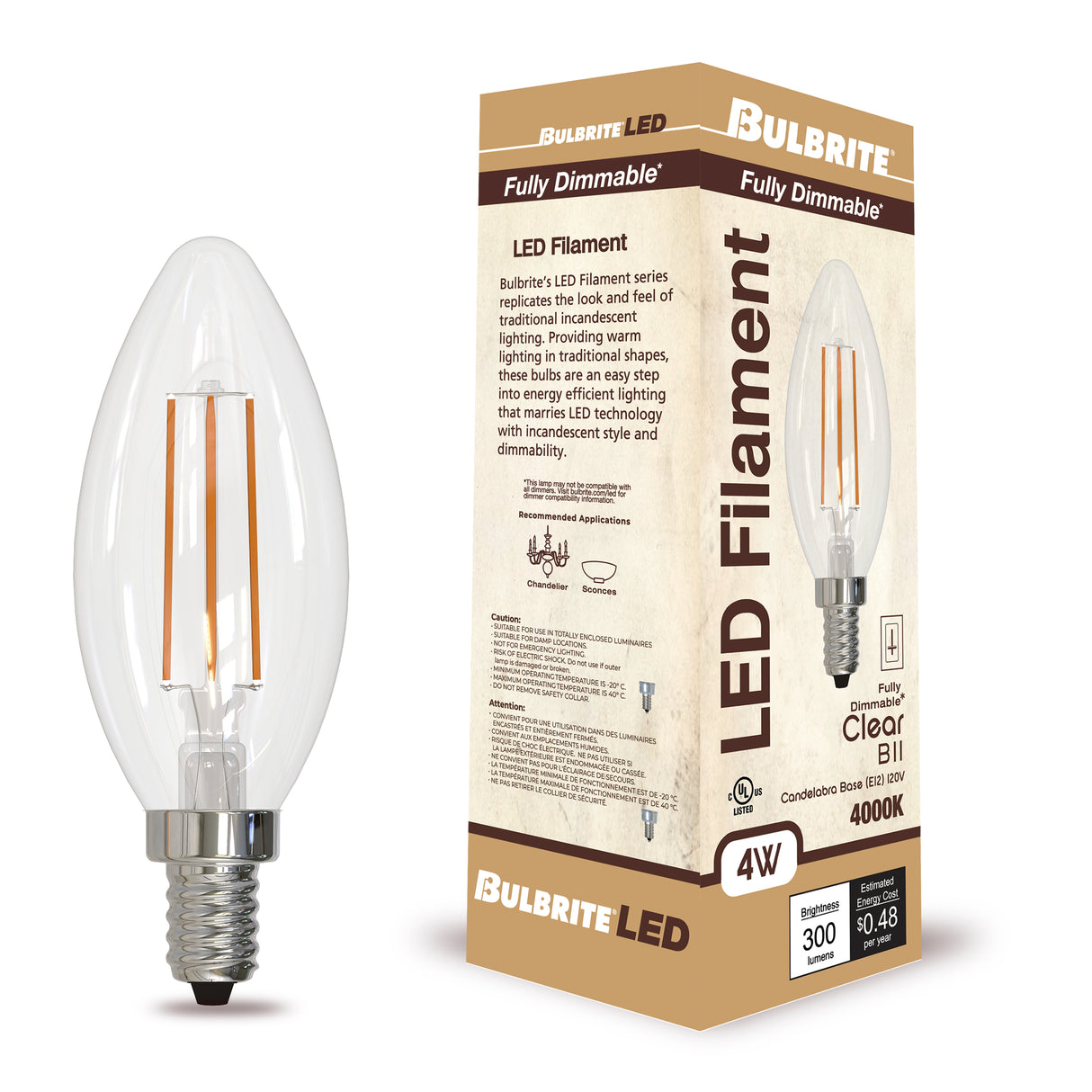 Bulbrite 862306 Bulbrite LED Filament Pack of (4) 4 Watt Dimmable B11 Light Bulb with Clear Glass Finish and Candelabra (E12) Base - 4000K (Cool White Light), 300 Lumens