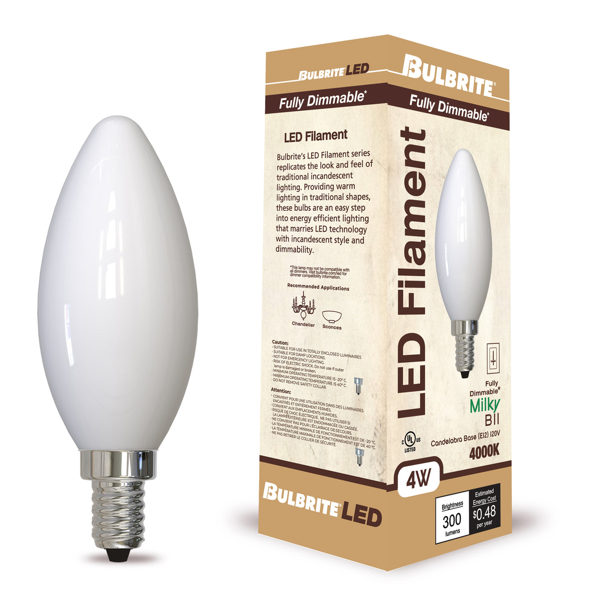 Bulbrite 862309 Bulbrite LED Filament Pack of (4) 4 Watt Dimmable B11 Light Bulb with Milky Glass Finish and Candelabra (E12) Base - 4000K (Cool White Light), 300 Lumens