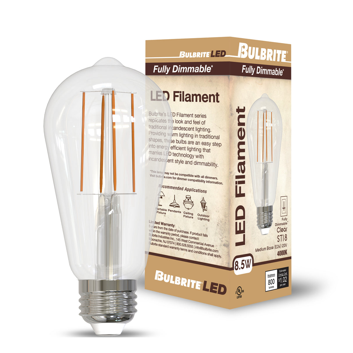 Bulbrite 862311 8.5W LED ST18 Light Bulb 4000K Dimmable E26 800 Lumens 120V 4PK