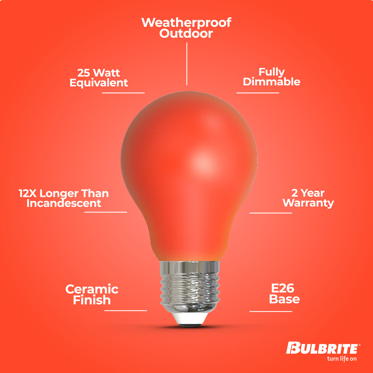 Bulbrite 862312 25-Watt Equivalent Ceramic Red Color A19 Weatherproof Outdoor E26 Medium Base Flood LED Light Bulb