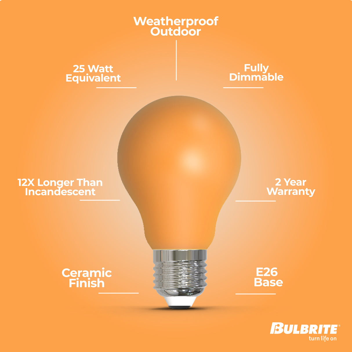 Bulbrite 862313 25-Watt Equivalent Ceramic Amber Color A19 Weatherproof Outdoor E26 Medium Base LED Light Bulb