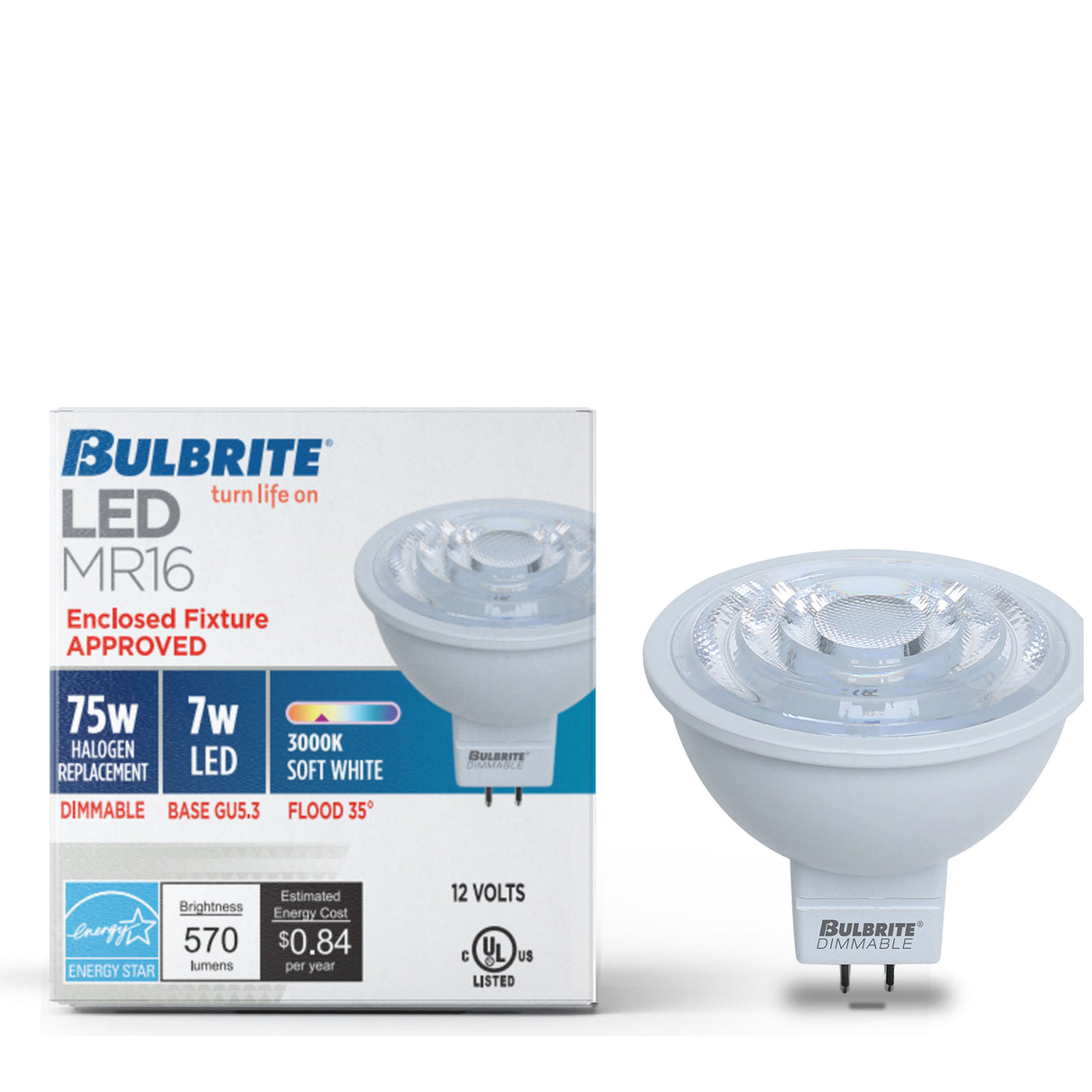 Bulbrite 862948 LED 7 Watt MR16 Light Bulb with a GU5.3 Base - 3000K (Soft White Light) 570 Lumens-2PK