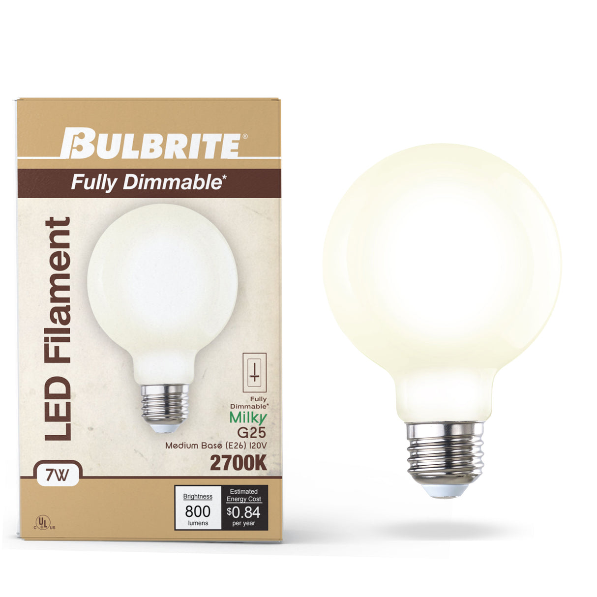 Bulbrite 862697 Bulbrite LED Filament Pack of (2) 8.5 Watt Dimmable G25 Light Bulb with a Milky Finish and Medium Screw (E26) Base - 3000K (Soft White Light), 800 Lumens