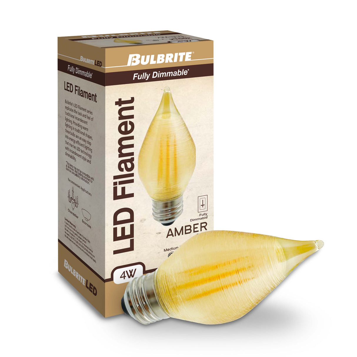 Bulbrite 862788 Bulbrite Spunlite Pack of (4) 4 Watt Dimmable C15 LED Filament Light Bulb with Amber Glass Finish and Medium (E26) Base - 2100K (Amber Light), 250 Lumens