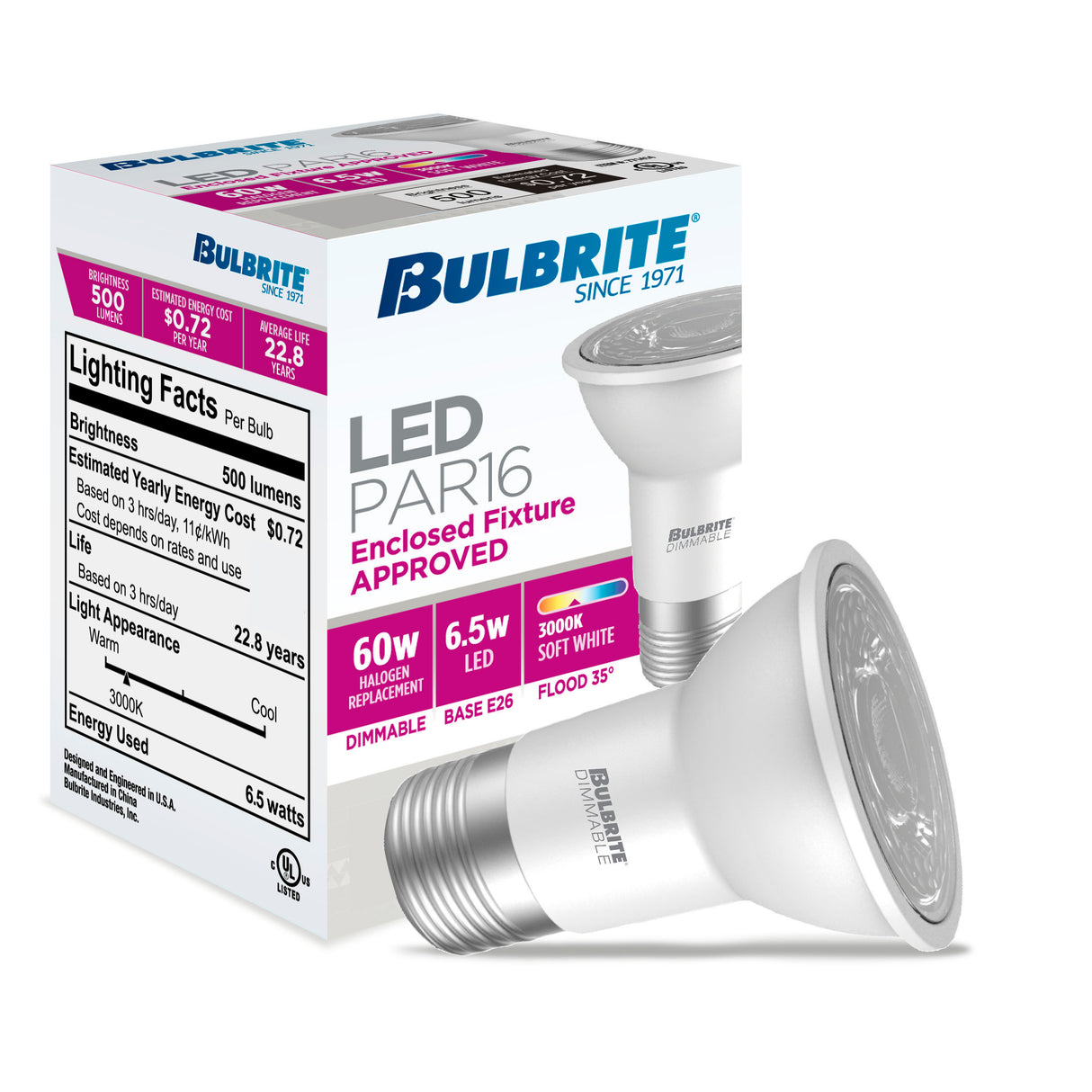 Bulbrite 862950 6W LED PAR16 3000K FLOOD DIMMABLE 80CRI 120V-4PK