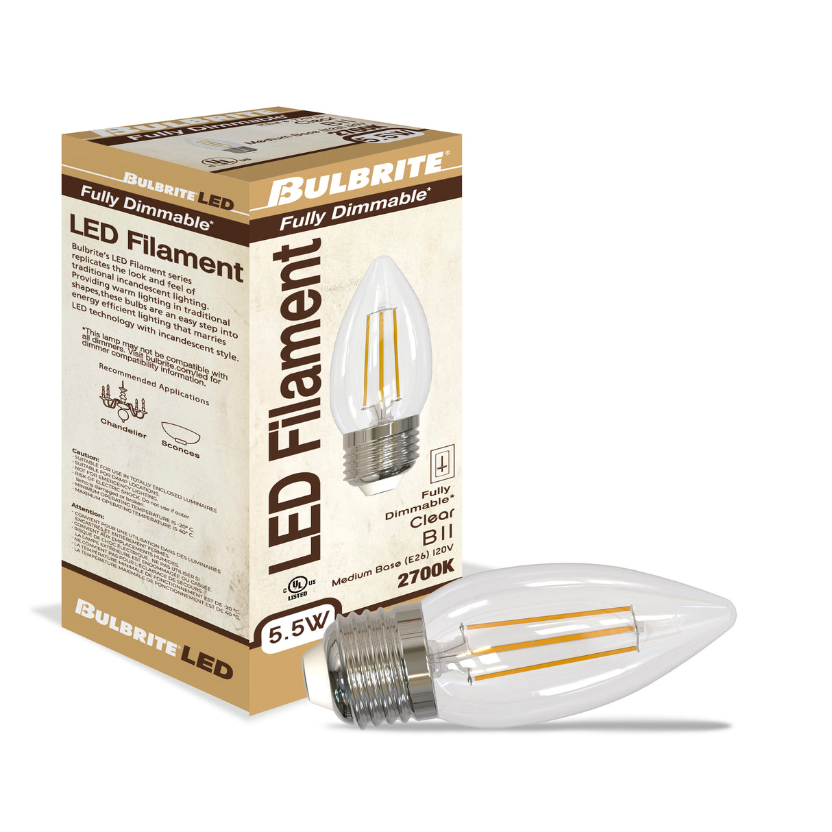 Bulbrite 862842 Bulbrite LED Filament Pack of (4) 5.5 Watt Dimmable B11 Light Bulbs with Clear Glass Finish and Medium (E26) Base - 2700K (Warm White Light), 500 Lumens