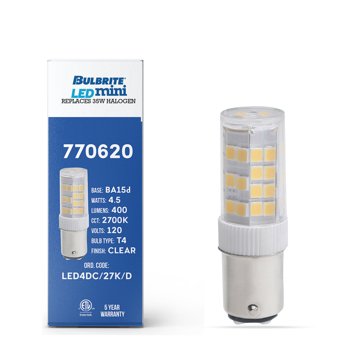 Bulbrite 862914 Bulbrite LED 4.5 Watt Dimmable T5 Light Bulb with a Frost Finish and a Double-Contact Bayonet BA15d - 2700K (Warm White Light) 400 lumens